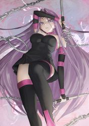 Rule 34 | 1girl, arm up, boots, breasts, choker, commentary, facial mark, fate/stay night, fate (series), forehead mark, holding, holding weapon, komari dame, large breasts, long hair, looking at viewer, medusa (fate), medusa (rider) (fate), nameless dagger (fate), parted lips, purple eyes, purple hair, sleeveless, thigh boots, thighs, very long hair, weapon