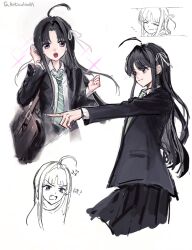 Rule 34 | 1girl, ahoge, anger vein, annoyed, articularm, artist name, awa subaru, bag, black hair, black jacket, black skirt, closed eyes, closed mouth, collared shirt, commentary, fang, girls band cry, green necktie, hashtag-only commentary, highres, jacket, long hair, multiple views, necktie, open mouth, pleated skirt, purple eyes, school bag, school uniform, sdd, shirt, skirt, v-shaped eyebrows, white background