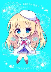 Rule 34 | 1girl, :d, black socks, blonde hair, blue background, blue dress, blue eyes, blush, braid, breasts, brown footwear, chibi, commentary request, copyright request, dress, floral background, hair between eyes, hand up, happy birthday, jacket, long hair, medium breasts, neckerchief, open clothes, open jacket, open mouth, pleated dress, purple neckerchief, ryuuka sane, shoes, short sleeves, sitting, smile, socks, solo, tilted headwear, twin braids, very long hair, white headwear, white jacket