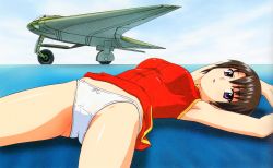 Rule 34 | 1girl, absurdres, aircraft, airplane, bow, bow panties, breasts, cameltoe, crotch seam, day, dress, highres, ho 229, looking at viewer, lying, medium breasts, on back, on ground, original, outdoors, panties, parted lips, purple eyes, red dress, short hair, skindentation, solo, thighs, underwear, white panties, yamauchi noriyasu