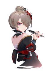 Rule 34 | 1girl, absurdres, back, bare shoulders, brown hair, flower, hair flower, hair ornament, hair over one eye, highres, holding, holding weapon, honkai (series), honkai impact 3rd, japanese clothes, kunai, lipstick, looking at viewer, looking back, makeup, mole, mole under eye, nail polish, purple eyes, red nails, rita rossweisse, rita rossweisse (umbral rose), simple background, smile, solo, spider lily, weapon, white background, wucanming