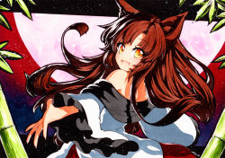 Rule 34 | 1girl, :d, animal ears, bad id, bad pixiv id, bamboo, brown hair, dress, from behind, full moon, imaizumi kagerou, long hair, long sleeves, looking at viewer, looking back, moon, multicolored eyes, off-shoulder dress, off shoulder, open mouth, orange eyes, outdoors, qqqrinkappp, red moon, smile, solo, touhou, traditional media, white dress, wide sleeves, wolf ears