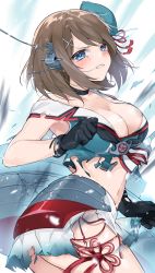Rule 34 | 10s, 1girl, beret, black gloves, blue eyes, breasts, brown hair, cleavage, clenched hands, clenched teeth, cowboy shot, damaged, female focus, gloves, gradient background, hair ornament, hairclip, hat, highres, kantai collection, large breasts, maya (kancolle), maya kai ni (kancolle), mecha musume, midriff, miniskirt, pleated skirt, shironboako, shirt, short hair, skirt, sleeveless, sleeveless shirt, solo, tears, teeth, torn clothes, torn shirt, torn skirt