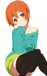 Rule 34 | 10s, 1girl, bad id, bad pixiv id, black thighhighs, blush, collarbone, dress, highres, hoshizora rin, icehotmilktea, long sleeves, love live!, love live! school idol festival, love live! school idol project, off shoulder, orange hair, solo, sweater, sweater dress, thighhighs, white background, yellow eyes