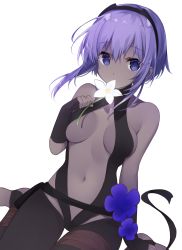 Rule 34 | 1girl, bare shoulders, black bodysuit, black gloves, black hairband, blue flower, bodysuit, breasts, covered mouth, dark-skinned female, dark skin, fate/prototype, fate/prototype: fragments of blue and silver, fate (series), fingerless gloves, flower, flower over mouth, gloves, hair between eyes, hairband, hassan of serenity (fate), highres, holding, holding flower, leotard, looking at viewer, medium breasts, miko (royal milk), navel, purple eyes, purple hair, short hair with long locks, solo, white flower