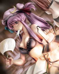 Rule 34 | 2girls, alternate hairstyle, ao usagi, ass, bespectacled, black bra, black panties, book, bra, breasts, commentary, crescent, crescent moon, dutch angle, hand fan, female focus, food, glasses, hat, hot, koakuma, lamp, large breasts, library, lingerie, long hair, moon, mouth hold, multiple girls, panties, paper fan, patchouli knowledge, ponytail, popsicle, purple eyes, purple hair, red hair, sweat, embodiment of scarlet devil, touhou, uchiwa, underwear, underwear only, voile