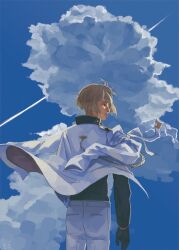 Rule 34 | 1boy, black gloves, black shirt, blonde hair, blue sky, brown eyes, closed mouth, cloud, commentary request, contrail, cowboy shot, from behind, gloves, higekiri (touken ranbu), jacket, jacket on shoulders, long sleeves, looking afar, looking to the side, male focus, military, military uniform, pants, shirt, short hair, sky, solo, tassel, touken ranbu, uniform, white jacket, white pants, zi tsas