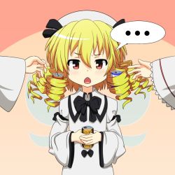 Rule 34 | ..., 1girl, blonde hair, blush, can, cato (monocatienus), chestnut mouth, dress, drill hair, fairy wings, female focus, hat, long sleeves, luna child, open hand, pink background, red eyes, ribbon, short hair, solo, spoken ellipsis, sunny milk, touhou, white dress, wide sleeves, wings