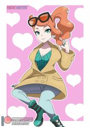 Rule 34 | 1girl, aqua eyes, artist name, boots, breasts, cleavage, coat, collarbone, creatures (company), female focus, fingernails, game freak, gen 8 pokemon, glasses, heart, heart background, hentartist, highres, leggings, legs, long hair, looking at viewer, nail polish, neck, nintendo, orange hair, playing with own hair, pokemon, pokemon swsh, ponytail, side ponytail, simple background, sitting, solo, sonia (pokemon), sunglasses, sunglasses on head, yellow coat
