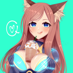 Rule 34 | 1girl, animal ear fluff, animal ears, between breasts, blue eyes, bodysuit, breasts, brown hair, character request, copyright request, dot nose, drink, drinking straw, eyebrows, eyelashes, fox ears, fox girl, green background, heart, huge breasts, kamaniki, lips, long hair, looking at viewer, object on breast, simple background, sparkle, tongue, tongue out, very long hair, watermark