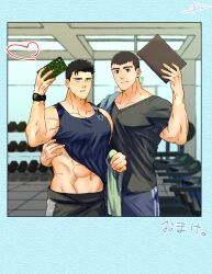 Rule 34 | 2boys, abs, ao isami, artist name, bara, black pants, black shirt, black tank top, blue pants, chic anb tf, closed mouth, clothes lift, highres, holding, holding phone, large pectorals, looking at viewer, male focus, multiple boys, muscular, muscular male, pants, pectorals, phone, ryuji satake, shirt, shorts, smile, tank top, translation request, watch, wristwatch, yaoi, yuuki bakuhatsu bang bravern