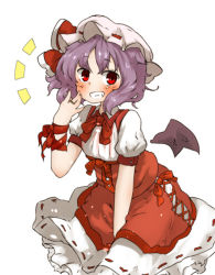 Rule 34 | 1girl, amonitto, bat wings, blush, dress, grin, hat, hat ribbon, jewelry, looking at viewer, mob cap, puffy short sleeves, puffy sleeves, purple hair, red dress, red eyes, remilia scarlet, ribbon, ring, shirt, short sleeves, simple background, smile, solo, touhou, white background, wings, wrist ribbon