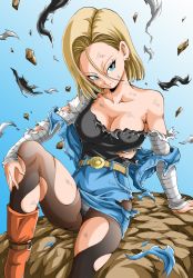 Rule 34 | 1girl, android 18, belt, boots, breasts, dragon ball, dragonball z, earrings, highres, jacket, jewelry, panties, pantyhose, shirt, torn clothes, underwear, young jijii
