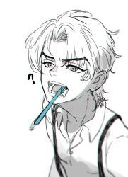 Rule 34 | ?, aged down, brushing another&#039;s teeth, brushing teeth, dio brando, highres, honlo, invisible, jojo no kimyou na bouken, male focus, mole, mole on ear, open mouth, phantom blood, shirt, short hair, suspenders, teeth, tongue, toothbrush, toothbrush in mouth, toothpaste