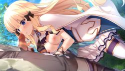 Rule 34 | 1boy, 1girl, artist request, black bow, blonde hair, blue eyes, blush, bow, breasts, cape, censored, closed mouth, day, floating hair, game cg, gloves, hair bow, hetero, imminent fellatio, layered skirt, long hair, medium breasts, miniskirt, mosaic censoring, nipples, outdoors, pants, penis, penis awe, princess connect!, saren (princess connect!), skirt, thighhighs, very long hair, white cape, white gloves, white skirt, white thighhighs, yuuki (princess connect!)