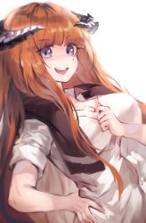 Rule 34 | 1girl, :d, arknights, bagpipe (arknights), blue eyes, breasts, commentary, hand on own hip, highres, horns, long hair, looking at viewer, medium breasts, open mouth, orange hair, ribiadan, shirt, simple background, smile, solo, upper body, white background, white shirt
