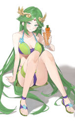 Rule 34 | 1girl, absurdres, alternate costume, belt, belt collar, bikini, blue flower, blush, breasts, carrot, collar, commentary request, commission, cosplay, cropped, crossover, cup, drink, drinking straw, eunie (xenoblade), eunie (xenoblade) (cosplay), feet, flower, forehead jewel, full body, gem, green belt, green bikini, green eyes, green hair, highres, holding, holding cup, holding drink, kid icarus, large breasts, laurel crown, legs, long hair, looking at viewer, mia cbx, navel, nintendo, palutena, purple bikini, red gemstone, sandals, sarong, simple background, sitting, skeb commission, smile, solo, swimsuit, tiara, toenails, toes, two-tone bikini, very long hair, wet, xenoblade chronicles (series), xenoblade chronicles 3, yellow gemstone