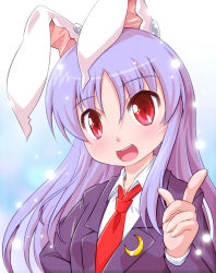 Rule 34 | 1girl, :d, animal ears, blazer, blouse, collared shirt, crescent, crescent moon, eyes visible through hair, index finger raised, jacket, lapel pin, light particles, light purple hair, long hair, long sleeves, looking at viewer, moon, necktie, nijiberu, open mouth, purple hair, rabbit ears, red eyes, red necktie, reisen udongein inaba, shirt, smile, solo, touhou, upper body, white shirt