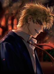 Rule 34 | 1boy, blonde hair, blue jacket, commentary, dio brando, english commentary, evil smile, explosion, fire, highres, jacket, jojo no kimyou na bouken, josukemanura, looking at viewer, male focus, muscular, necktie, outdoors, phantom blood, red hair, shirt, short hair, smile, solo, teeth, white shirt
