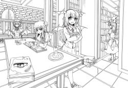 Rule 34 | 4girls, apron, bat wings, book, bookshelf, bow, brick wall, candle, chair, crescent, dress, closed eyes, fangs, greyscale, hat, head wings, kirisame marisa, koakuma, library, lineart, mob cap, monochrome, multiple girls, necktie, open book, open mouth, patchouli knowledge, pointy ears, reading, remilia scarlet, rigorigo, slit pupils, smile, touhou, waist apron, wings, witch hat, wrist cuffs