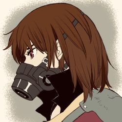 Rule 34 | 1girl, arc the lad iii, brown hair, cheryl (arc the lad), commentary request, gas mask, marusa (marugorikun), mask, short hair, simple background, solo