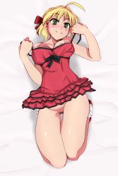 Rule 34 | 10s, 1girl, bad id, bad pixiv id, blonde hair, braid, braided bun, breasts, breasts apart, fate/extra, fate (series), green eyes, hair bun, haruhisky, highres, nero claudius (fate), nero claudius (fate) (all), nero claudius (fate/extra), nightgown, nightgown pull, nipples, no panties, official alternate costume, pussy, red nightgown, short hair, solo, uncensored