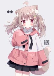 Rule 34 | 1girl, ahoge, animal ear fluff, animal ears, black skirt, blush, brown hair, cat ears, cat girl, cat tail, cherry hair ornament, closed mouth, collared shirt, commentary, drawstring, dress shirt, food-themed hair ornament, grey background, hair ornament, hairclip, hand up, heart, highres, hood, hood down, hooded jacket, jacket, long hair, long sleeves, looking at viewer, nakkar, original, pink jacket, pleated skirt, qr code, red eyes, shirt, simple background, skirt, sleeves past fingers, sleeves past wrists, solo, standing, tail, twintails, twitter username, watermark, white jacket, white shirt