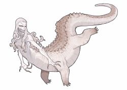 Rule 34 | 1girl, albino, chinese commentary, claws, closed mouth, colored sclera, colored skin, completely nude, crocodilian tail, floating, full body, grey scales, grey skin, highres, juanmao, long hair, monster girl, multicolored skin, nude, original, pink eyes, pink sclera, reptile girl, simple background, slit pupils, solo, tail, taur, white background, white hair, white scales, white skin
