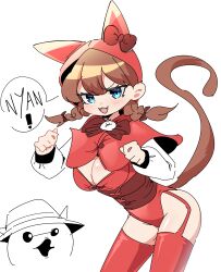 Rule 34 | 1girl, absurdres, animal ears, blue eyes, blush, bow, bowtie, breasts, brown bow, brown bowtie, brown hair, cat (nyanko daisensou), cat ears, cat tail, fedora, glasses, hat, highres, hood, leotard, looking at viewer, medium breasts, minya (nyanko daisensou), nyan, nyanko daisensou, red bow, red bowtie, red thighhighs, speech bubble, tail, thighhighs, thighs, user ktrx7538