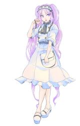 Rule 34 | 1girl, adjusting hair, alternate costume, bad id, bad twitter id, bag, black ribbon, dress, fate/grand order, fate/hollow ataraxia, fate (series), full body, hairband, highres, holding, holding bag, lolita hairband, long hair, open mouth, purple eyes, purple hair, ribbon, short sleeves, solo, stheno (fate), very long hair, white background, white dress, white footwear, zaco