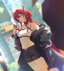 Rule 34 | 1girl, arknights, bandeau, bare shoulders, belt, black belt, black coat, black shorts, breasts, cellphone, cleavage, coat, commentary request, cowboy shot, hand up, highres, holding, holding phone, horns, laevatein (la3vatein), long hair, looking at viewer, medium breasts, midriff, navel, off shoulder, official alternate costume, open clothes, open coat, phone, purple eyes, red hair, shorts, smartphone, solo, standing, stomach, strapless, surtr (arknights), thighs, tube top, very long hair