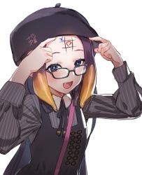 Rule 34 | 1girl, :d, beret, black hat, black neckwear, black ribbon, blue eyes, body writing, bow (bhp), fang, forehead, glasses, hat, hololive, hololive english, long hair, long sleeves, looking at viewer, mole, mole under eye, ninomae ina&#039;nis, ninomae ina&#039;nis (casual), open mouth, purple hair, ribbon, simple background, sketch, smile, solo, striped, tic-tac-toe, upper body, vertical stripes, virtual youtuber, white background