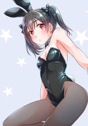 Rule 34 | 10s, 1girl, absurdres, animal ears, bare shoulders, black bow, black hair, blue background, bow, breasts, cleavage, collar, fake animal ears, fishnet pantyhose, fishnets, hair bow, hair ribbon, highres, leotard, looking at viewer, love live!, love live! school idol project, pantyhose, parted lips, playboy bunny, rabbit ears, red eyes, ribbon, simple background, small breasts, sokosokomichi, solo, twintails, yazawa nico