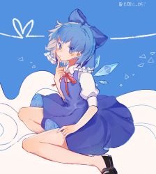 Rule 34 | 1girl, black footwear, blue background, blue bow, blue dress, blue eyes, blue hair, blush, bow, cirno, closed mouth, collared shirt, dress, expressionless, finger to mouth, flat chest, foot out of frame, hair bow, highres, ice, ice wings, looking at viewer, lucky small pride, mary janes, neck ribbon, no socks, pinafore dress, puffy short sleeves, puffy sleeves, red ribbon, ribbon, shirt, shoes, short hair, short sleeves, sleeveless dress, solo, touhou, twitter username, two-tone background, white background, white shirt, wings