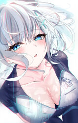 Rule 34 | 1girl, absurdres, blue archive, blue eyes, blush, breasts, bright pupils, cleavage, close-up, collarbone, commentary, cross hair ornament, earrings, eyelashes, floating hair, from above, grey hair, hair ornament, highres, jewelry, kazu (kauk3753), large breasts, looking at viewer, medium hair, mismatched pupils, parted lips, shiroko (blue archive), simple background, solo, sparkle, stud earrings, thigh gap, tsurime, water, wet, white background, white pupils