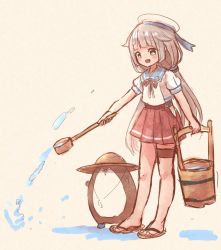 Rule 34 | 1girl, beige background, blue sailor collar, bokukawauso, bucket, commentary request, green eyes, grey hair, hat, kantai collection, ladle, long hair, low twintails, mikura (kancolle), otter, pleated skirt, puffy short sleeves, puffy sleeves, red skirt, sailor collar, sailor hat, sailor shirt, sandals, shirt, short sleeves, simple background, skirt, standing, twintails, water, white headwear, white shirt, wss (nicoseiga19993411)