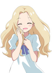Rule 34 | 10s, 1girl, anime coloring, blonde hair, blush, dress, happy, long hair, marnie (omoide no marnie), massala, omoide no marnie, open mouth, ribbon, short sleeves, smile, solo, white background, white dress