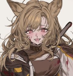 Rule 34 | 1girl, animal ears, aogisa, arknights, blood, blood on face, blush, breasts, brown hair, brown shirt, buckle, ceobe (arknights), collar, dog ears, fangs, highres, large breasts, long hair, long sleeves, looking at viewer, messy hair, open mouth, red eyes, shirt, simple background, solo, upper body, weapon, weapon on back, white background