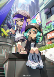 Rule 34 | 2girls, absurdres, aqua hair, arm support, arrow (symbol), black footwear, black headwear, black jacket, black neckerchief, blue eyes, blue sky, blunt bangs, blurry, blurry background, boots, building, bush, cabbie hat, city, closed mouth, cloud, commentary request, day, drill hair, drill sidelocks, expressionless, full body, grey eyes, grey headwear, grey sailor collar, grey skirt, hand up, hat, highres, holding, inkling, inkling girl, inkling player character, jacket, long hair, long sleeves, looking at viewer, multicolored clothes, multicolored jacket, multiple girls, neckerchief, nintendo, octoling, octoling girl, octoling player character, outdoors, purple hair, railing, sailor collar, school uniform, shirt, shoes, sidelocks, sign, sitting, skirt, sky, skyscraper, sleeve cuffs, smile, songhua, splatoon (series), splatoon 3, stairs, standing, tentacle hair, two-tone jacket, weibo watermark, white footwear, white jacket, white shirt