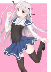 Rule 34 | 10s, 1girl, absolute duo, ahoge, breasts, character name, frills, grey hair, hair ornament, highres, long hair, pink background, pink eyes, ribbon, school uniform, simple background, skirt, smile, solo, thighhighs, twintails, yurie sigtuna