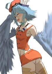 Rule 34 | 1girl, absurdres, ahoge, bird legs, blue feathers, blue hair, blue wings, blush, bow choker, chef hat, choker, cosplay, feathered wings, feathers, green choker, hair between eyes, harpy, hat, hh (hehexd06161704), highres, hololive, hololive english, monster girl, monster musume no iru nichijou, open mouth, orange hat, panties, pantyshot, papi (monster musume), short hair, simple background, solo, takanashi kiara, takanashi kiara (1st costume), takanashi kiara (cosplay), underwear, virtual youtuber, winged arms, wings