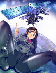 Rule 34 | 1girl, ass, black hole cannon, black pantyhose, breasts, brown eyes, brown hair, cannon, dimension tide, directed-energy weapon, earth (planet), energy cannon, energy weapon, godzilla (series), godzilla vs. megaguirus, kamisimo 90, long hair, military, military vehicle, orbital weaponry, panties, panties under pantyhose, pantyhose, planet, pleated skirt, satellite, satellite cannon, skirt, smile, solar panel, solar panel wings, solo, space, space-to-earth weapon, space weapon, spread legs, toho, underwear, weapon, wings