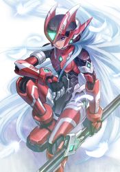 Rule 34 | 1boy, android, bishounen, blue eyes, character name, commentary request, elbow on knee, falling feathers, feathers, helmet, highres, holding, holding weapon, joints, long hair, male focus, mega man (series), mega man zero (series), robot joints, silver hair, simple background, sitting, solo, sword, user fuyz3388, very long hair, weapon, white background, white feathers, zero(z) (mega man), zero (mega man)
