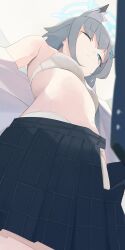 Rule 34 | 1girl, black skirt, blue archive, blue eyes, bra, breasts, closed mouth, commentary, cross hair ornament, dot nose, film grain, from below, grey background, grey hair, hair ornament, highres, hiroki (yyqw7151), navel, one eye closed, open clothes, open skirt, pleated skirt, shiroko (blue archive), short hair, sidelocks, simple background, skirt, small breasts, solo, underwear, undressing, white bra