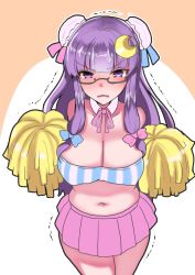 Rule 34 | 1girl, abi (abimel10), alternate costume, bandeau, bare shoulders, bespectacled, black-framed eyewear, blue bow, blunt bangs, blush, bow, breasts, bun cover, cleavage, commentary request, cowboy shot, crescent, crescent hair ornament, detached collar, double bun, glasses, hair bow, hair bun, hair ornament, hair ribbon, holding, holding pom poms, large breasts, leaning forward, long hair, miniskirt, navel, neck ribbon, no headwear, open mouth, orange background, patchouli knowledge, pink bow, pink ribbon, pink skirt, pleated skirt, pom pom (cheerleading), pom poms, purple eyes, purple hair, ribbon, sidelocks, skirt, solo, standing, stomach, striped, thighs, touhou, two-tone background, v-shaped eyebrows, vertical stripes, white background
