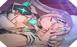 Rule 34 | 1girl, blonde hair, breasts, cleavage, gloves, holding hands, highres, large breasts, long hair, lying, mythra (xenoblade), nakazou2000, nintendo, on bed, on side, pillow, sleeping, smile, solo focus, sweat, white gloves, xenoblade chronicles (series), xenoblade chronicles 2, xenoblade chronicles (series), xenoblade chronicles 2