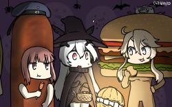 Rule 34 | 10s, 3girls, abyssal ship, anchorage princess, bat (animal), blonde hair, blue eyes, brown eyes, brown hair, burger, burger costume, cape, colored skin, commentary, corn dog, corndog costume, dated, eating, food, ghost, halloween, halloween costume, hamu koutarou, hat, headgear, highres, iowa (kancolle), kantai collection, multiple girls, open mouth, sailor hat, sausage, short hair, sidelocks, star-shaped pupils, star (symbol), symbol-shaped pupils, white skin, witch, witch hat, z3 max schultz (kancolle)
