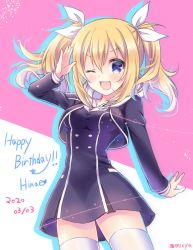 Rule 34 | 1girl, 2020, ;d, arimura hinae, black dress, blonde hair, blue eyes, chaos;child, character name, cowboy shot, dated, dress, floating hair, highres, long hair, long sleeves, looking at viewer, nishijou myu, one eye closed, open mouth, pink background, pleated dress, short dress, smile, solo, standing, thighhighs, twintails, two-tone background, v-shaped eyebrows, white background, white thighhighs, zettai ryouiki
