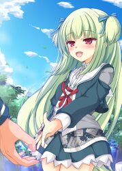 Rule 34 | 1girl, 1other, :d, blue ribbon, blue sky, blunt bangs, blunt ends, blush, cherry enpty, cloud, commentary request, cowboy shot, day, eyelashes, floating hair, forest, frilled skirt, frills, green hair, green jacket, green skirt, hair ribbon, happy, highres, hime cut, imminent hand holding, jacket, long hair, long sleeves, looking at another, miniskirt, murasame (senren), nature, official alternate costume, open mouth, outdoors, red eyes, ribbon, sailor collar, school uniform, senren banka, shirt, sidelocks, skirt, sky, smile, solo, solo focus, straight hair, two side up, uniform, very long hair, white sailor collar, white shirt
