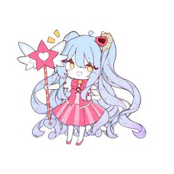 Rule 34 | 1girl, blue hair, blush, bow, bowtie, chibi, full body, gradient hair, hair ornament, highres, holding, holding wand, lobotomy corporation, long hair, magical girl, multicolored hair, open mouth, pink bow, pink bowtie, pink footwear, pink skirt, pink vest, project moon, queen of hatred, relele, shoes, simple background, skirt, smile, solo, two side up, very long hair, vest, wand, white background, yellow eyes